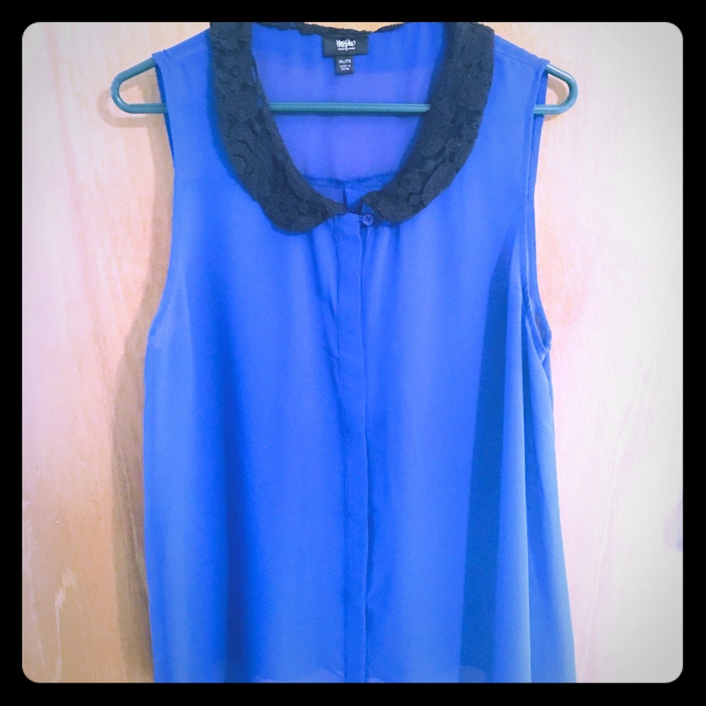 Royal blue sheer overlay sleeveless lace collar